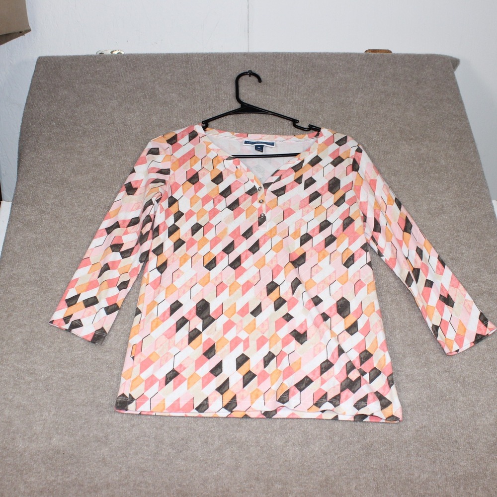 Karen Scott Womens XS Henley Top Pink Orange Geometric Diamond 3/4 Sleeve Knit